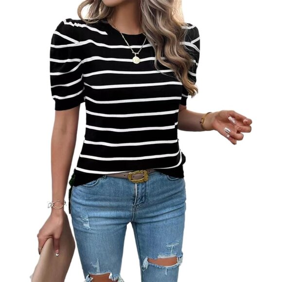 Womens Knit Sweater Viscose Polyester Short Sleeve Crew Neck Casual Top